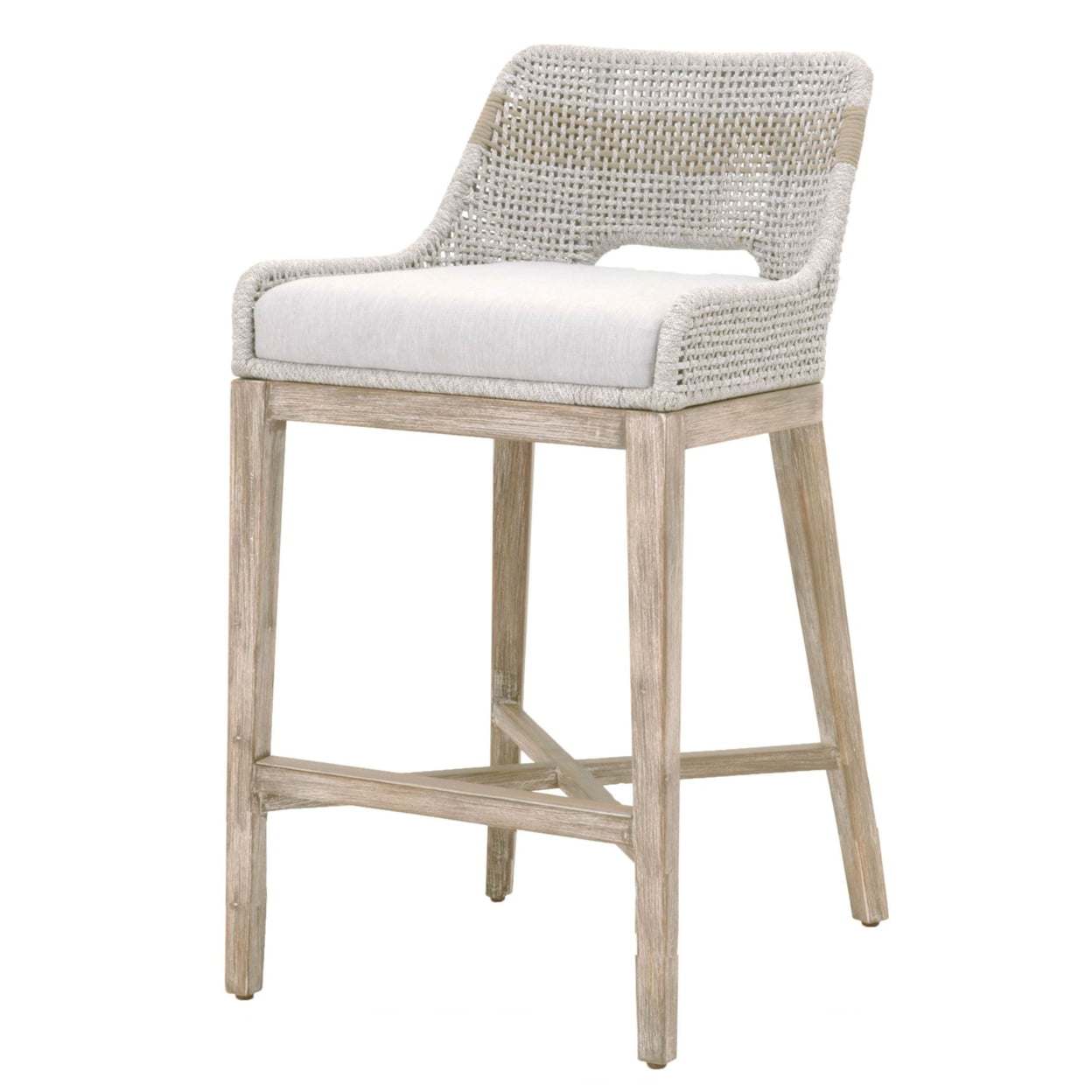 Interwoven Rope Barstool with Flared Legs and Cross Support， Gray- Saltoro Sherpi