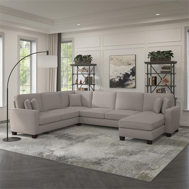 Stockton 127W U Couch with Reversible Chaise in Beige Herringbone Fabric   Transitional   Sectional Sofas   by Homesquare  Houzz