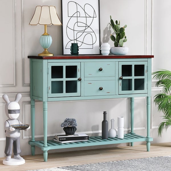 Sideboard Console Table with Bottom Shelf， Wood/Glass Buffet Storage Cabinet