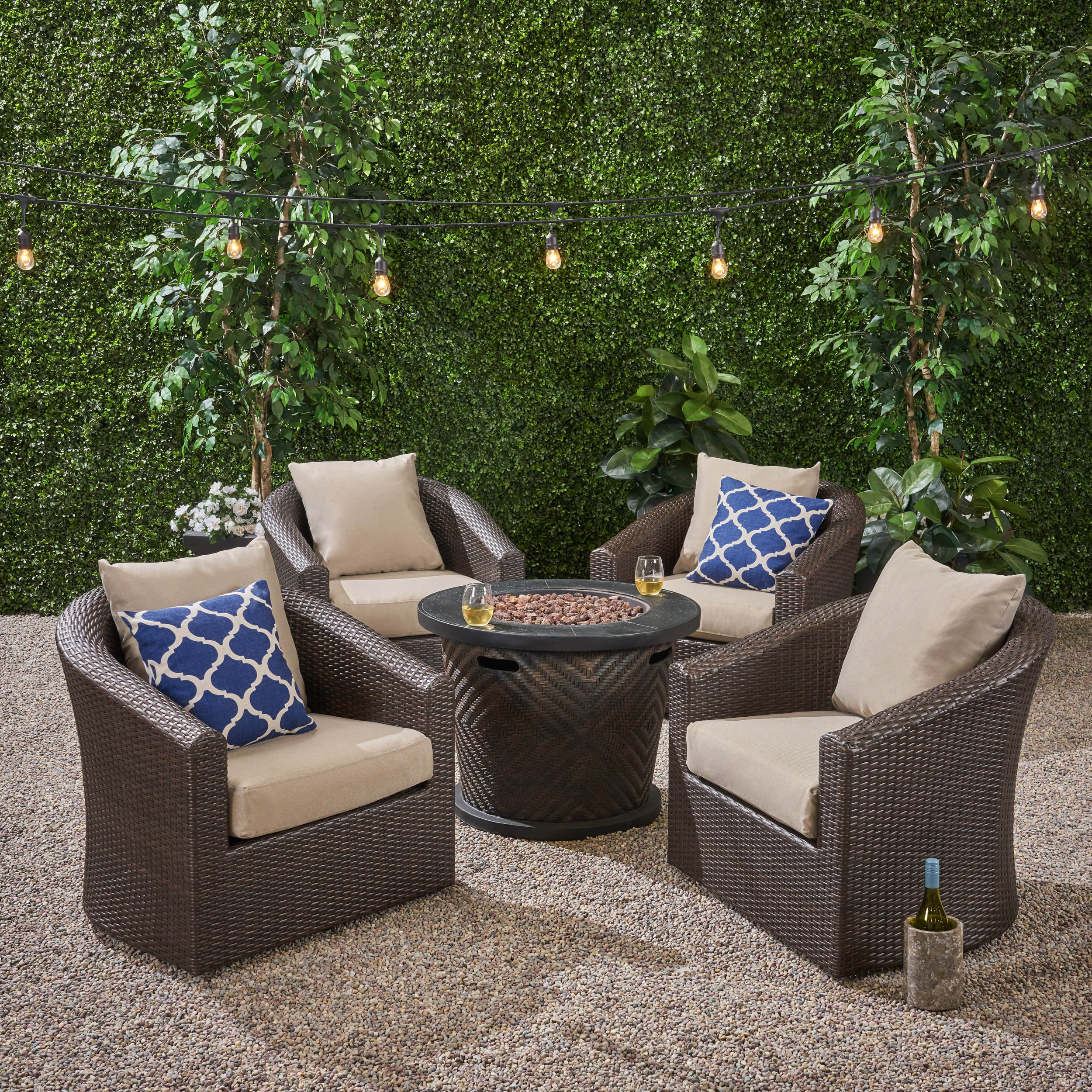 Liyam Outdoor 4 Piece Wicker Swivel Chair Set with Fire Pit, Multi Brown and Brown