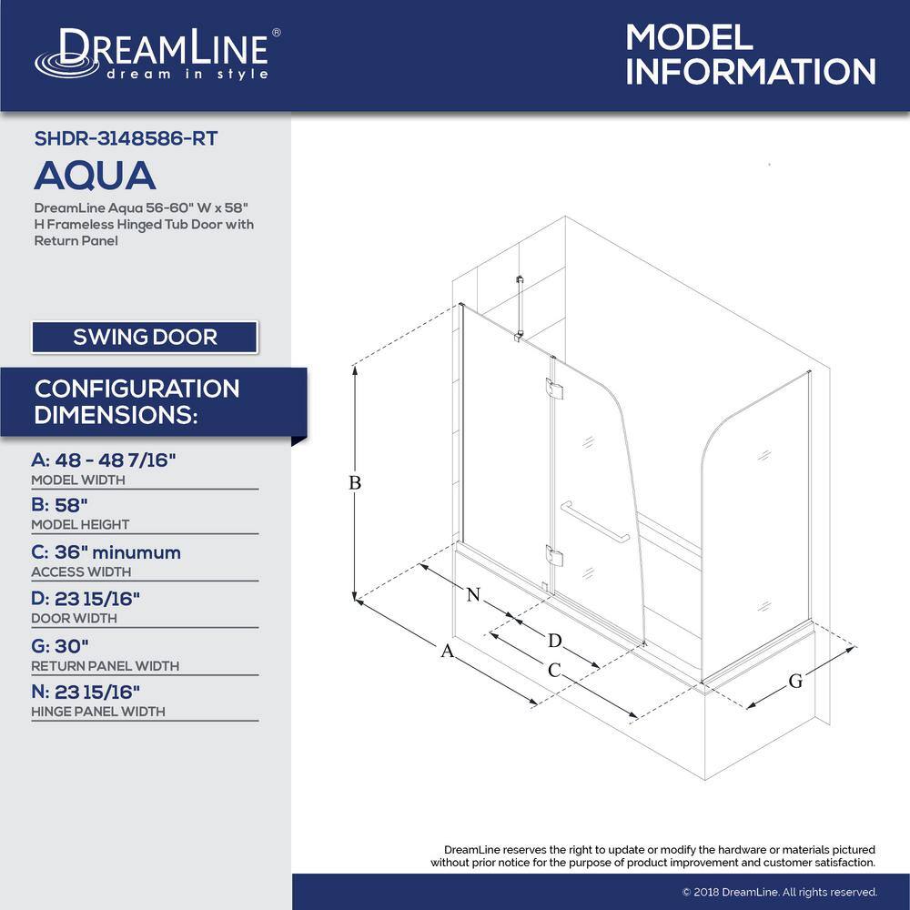 DreamLine Aqua 56 in. - 60 in. W x 30 in. D x 58 in. H Frameless Hinged Tub Door with 30 in. Return Panel in Oil Rubbed Bronze SHDR3148586RT06