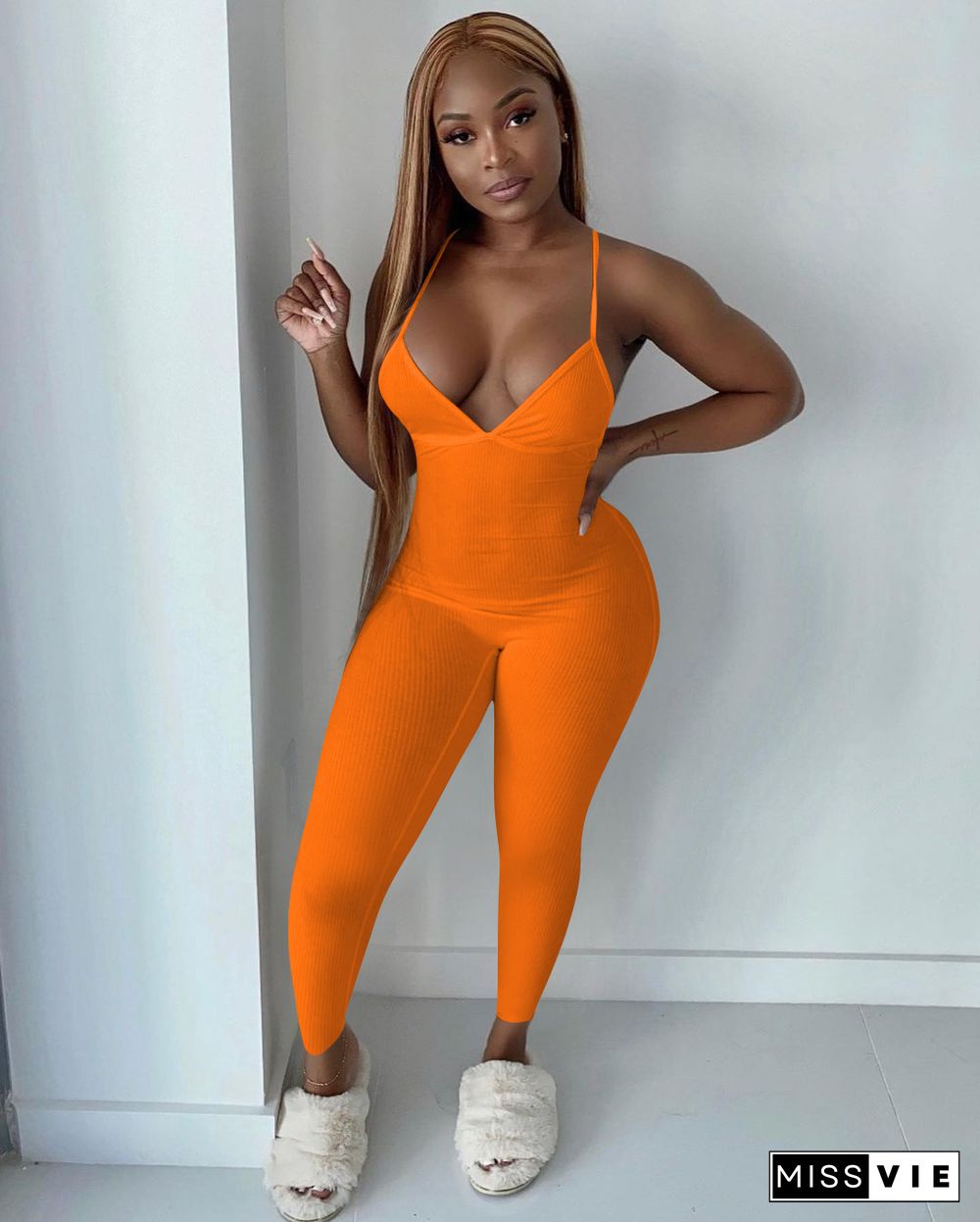 Women Sleeveless V-Neck Solid Ribbed Open Back Cross Summer Activewear Sexy One Piece Jumpsuit