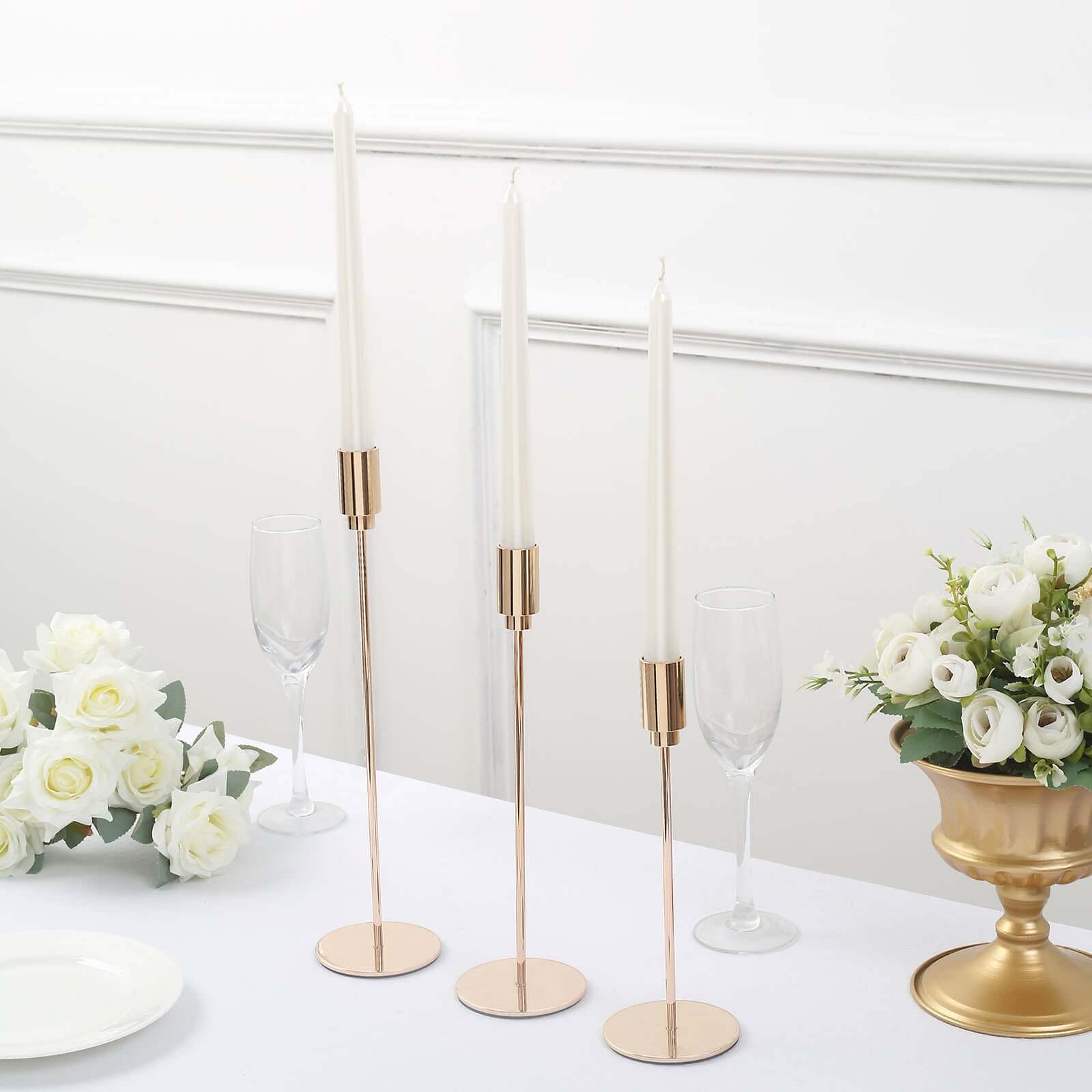 Set of 3 Gold Metal Taper Candle Stands With Round Solid Base, Decorative Candlestick Holder Set 9