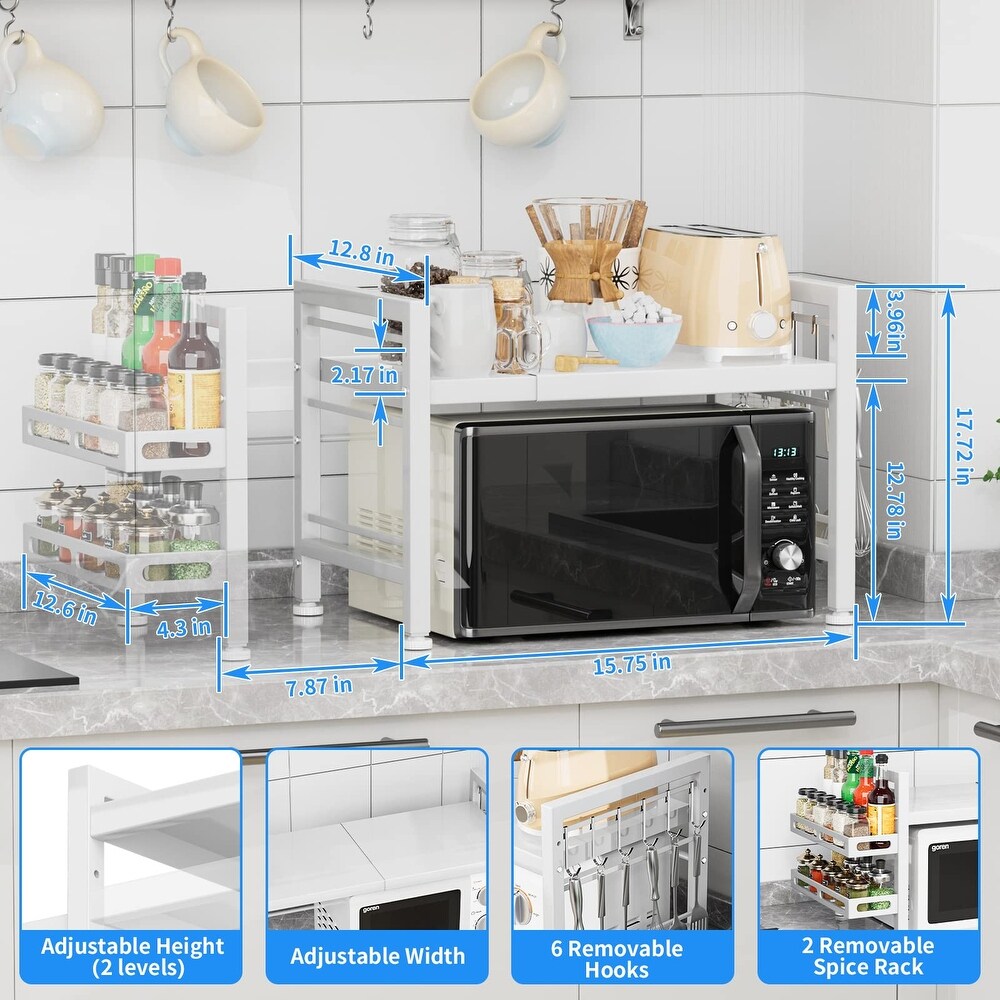 Over the Microwave Shelf   Adjustable Countertop Microwave Stand 2 Tier Microwave Rack with Spice Organizer and 6 Hooks
