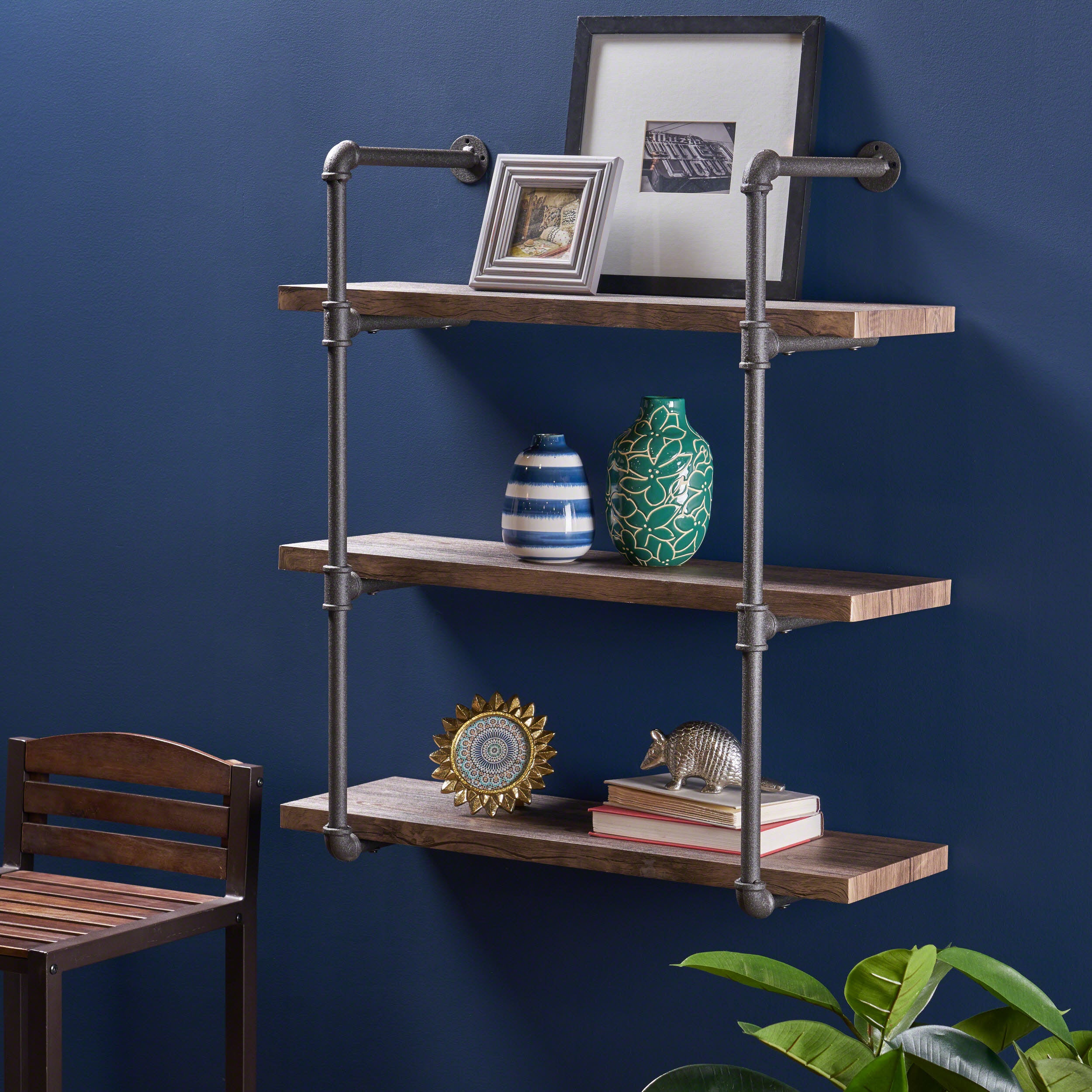 Caden Industrial Pipe Design 3-Tier Wall Mount Floating Shelf