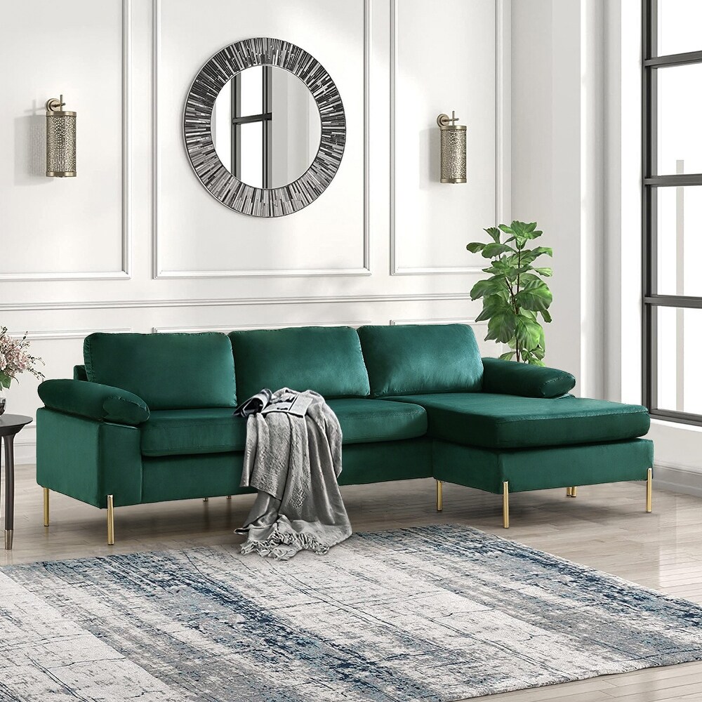 Modern Velvet Upholstered Sectional Sofa with Chaise and Metal Legs