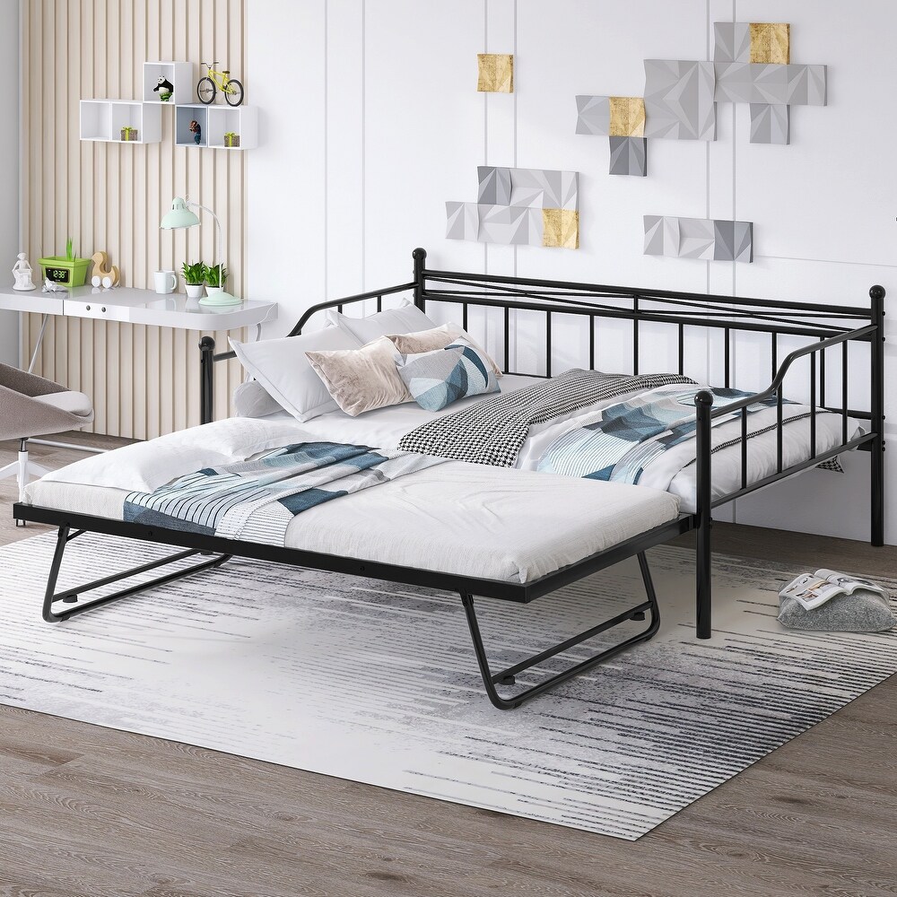 Full Size Metal Daybed with Twin Adjustable Trundle  Portable Folding