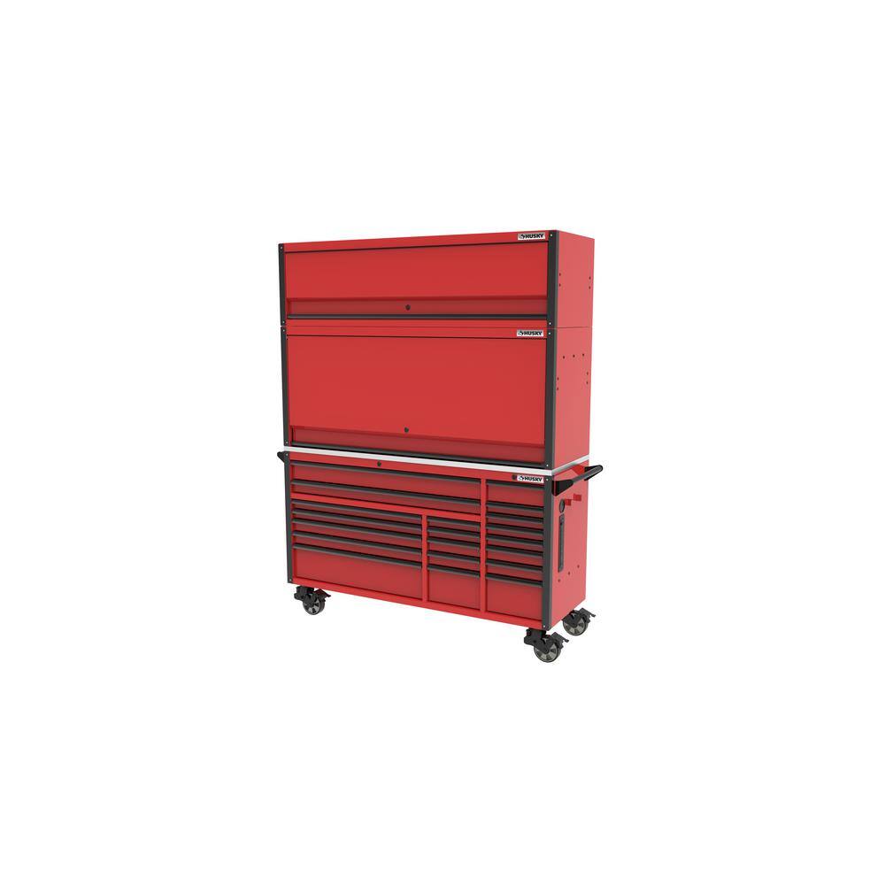 Husky 72 in. W x 24.5 in. D Professional Duty 20-Drawer Mobile Workbench Combo with Top Hutch and Top Locker in Gloss Red HPROSUITE3RED