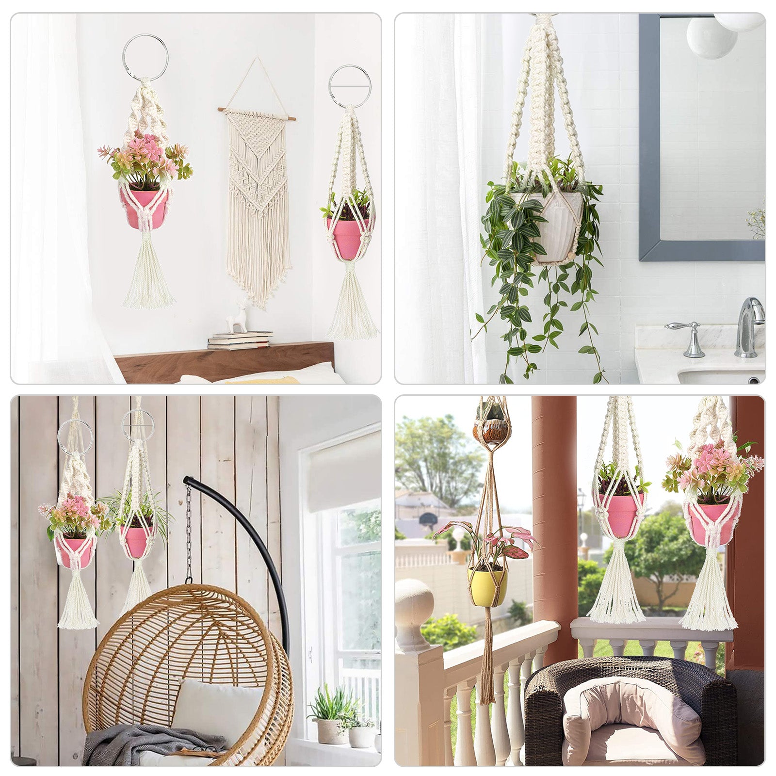 EEEkit 2pcs Mini Macrame Plant Hangers with Hooks, Cute Hanging Rearview Mirror Charms, Small Hanging Car Plant Stands, Cotton Rope Planter Baskets, Decorative Flower Pot Holders