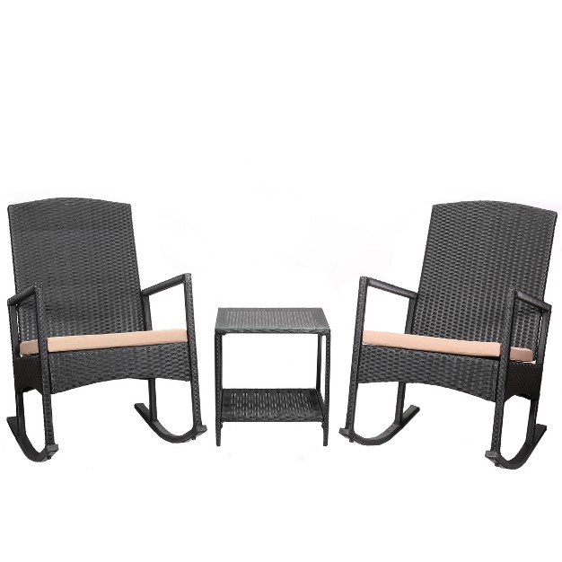 Barton 3pcs Outdoor High backrest Rocking Chair Cushion Seat Seating Group W Table Set black beige