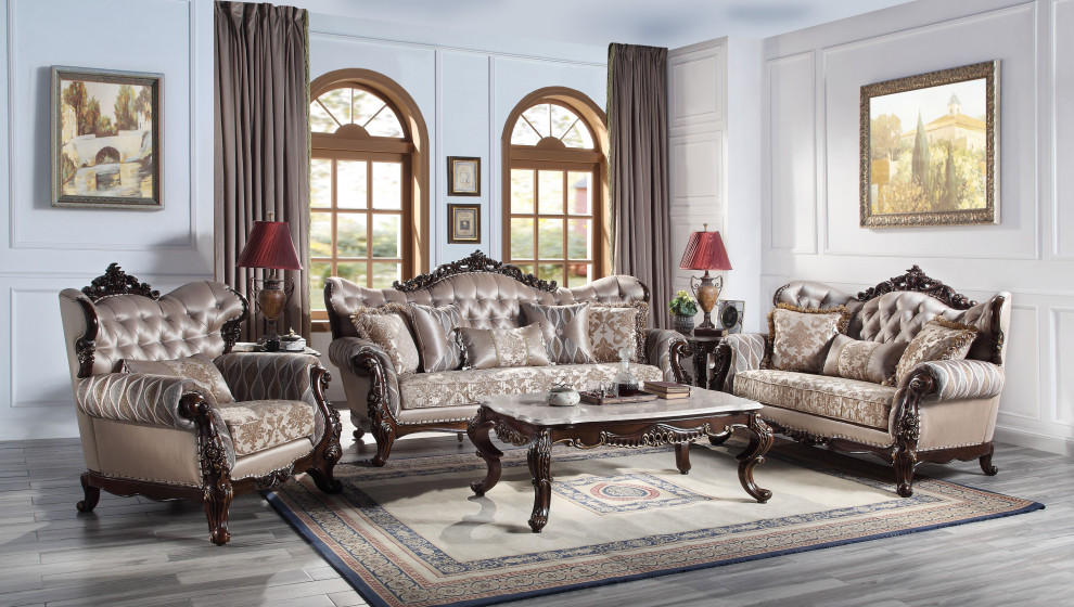 ACME Benbek Chair with Pillow in Taupe and Antique Oak   Victorian   Armchairs And Accent Chairs   by Acme Furniture  Houzz