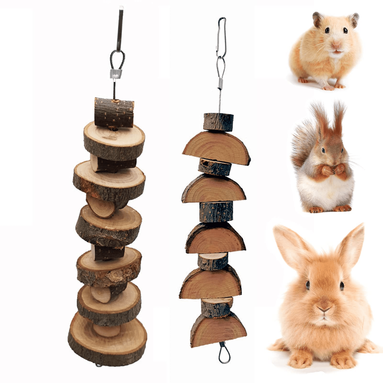 QBLEEV 2 Pack Small Animals Chew Toys Natural Apple Wood Cage Hanging Chewing Block Toys for Hamsters Bunny Parrots Rabbits Chinchilla Guinea Pig ， Small Pet Molar Treats Toy Wooden Snacks