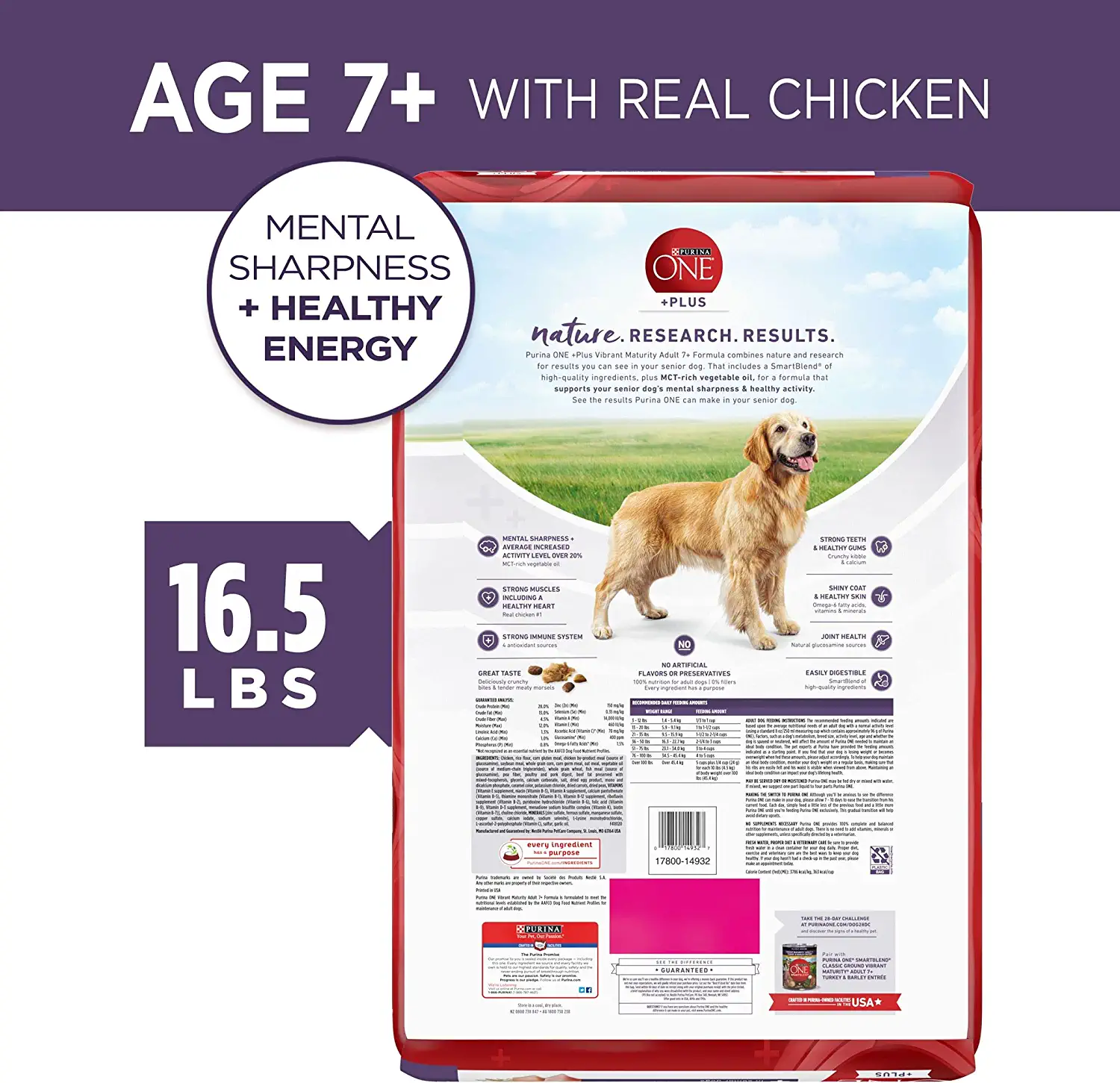 Purina ONE High Protein Senior Dry Dog Food， +Plus Vibrant Maturity Adult 7+ Formula - 16.5 lb. Bag