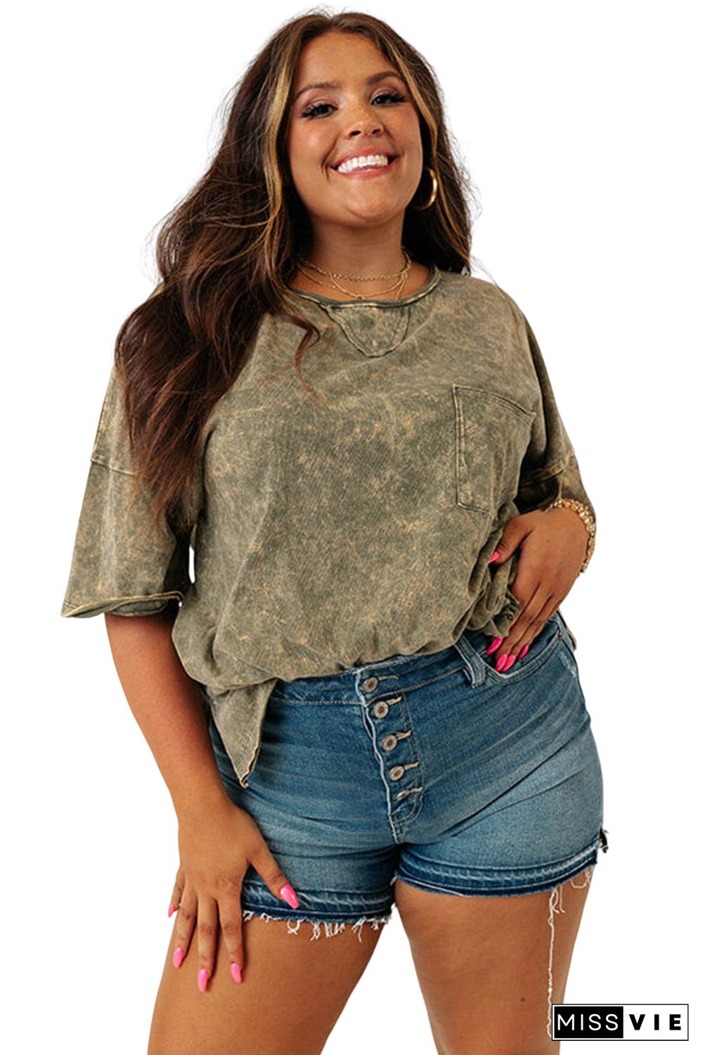 Green Plus Size Mineral Wash Seamed Short Sleeve T Shirt