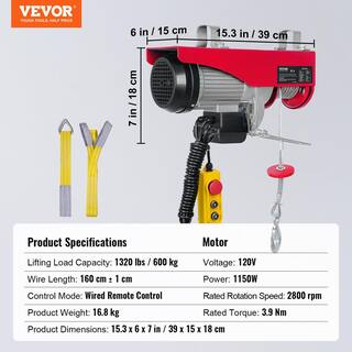 VEVOR 1760 lbs. Electric Chain Hoist 1450W Electric Steel Cable Hoist with 14 ft. Wired Remote Control and Pure Copper Motor DDGSSHLYXYKKYOJE6V1