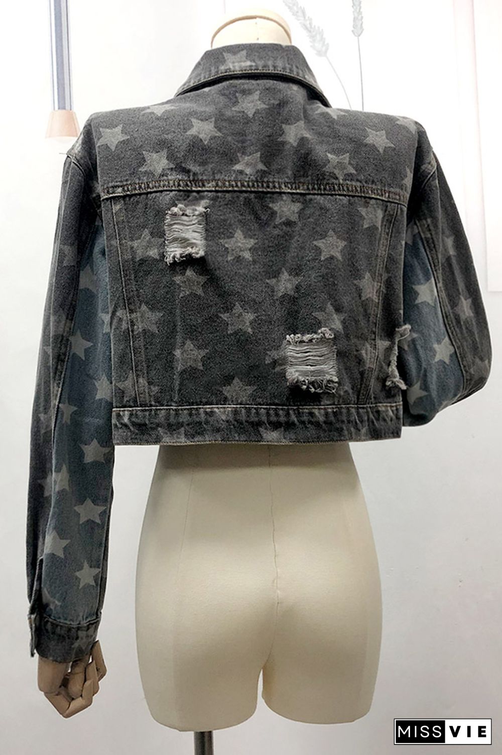 Grey Start Print Short Length Open Button Denim Jackets