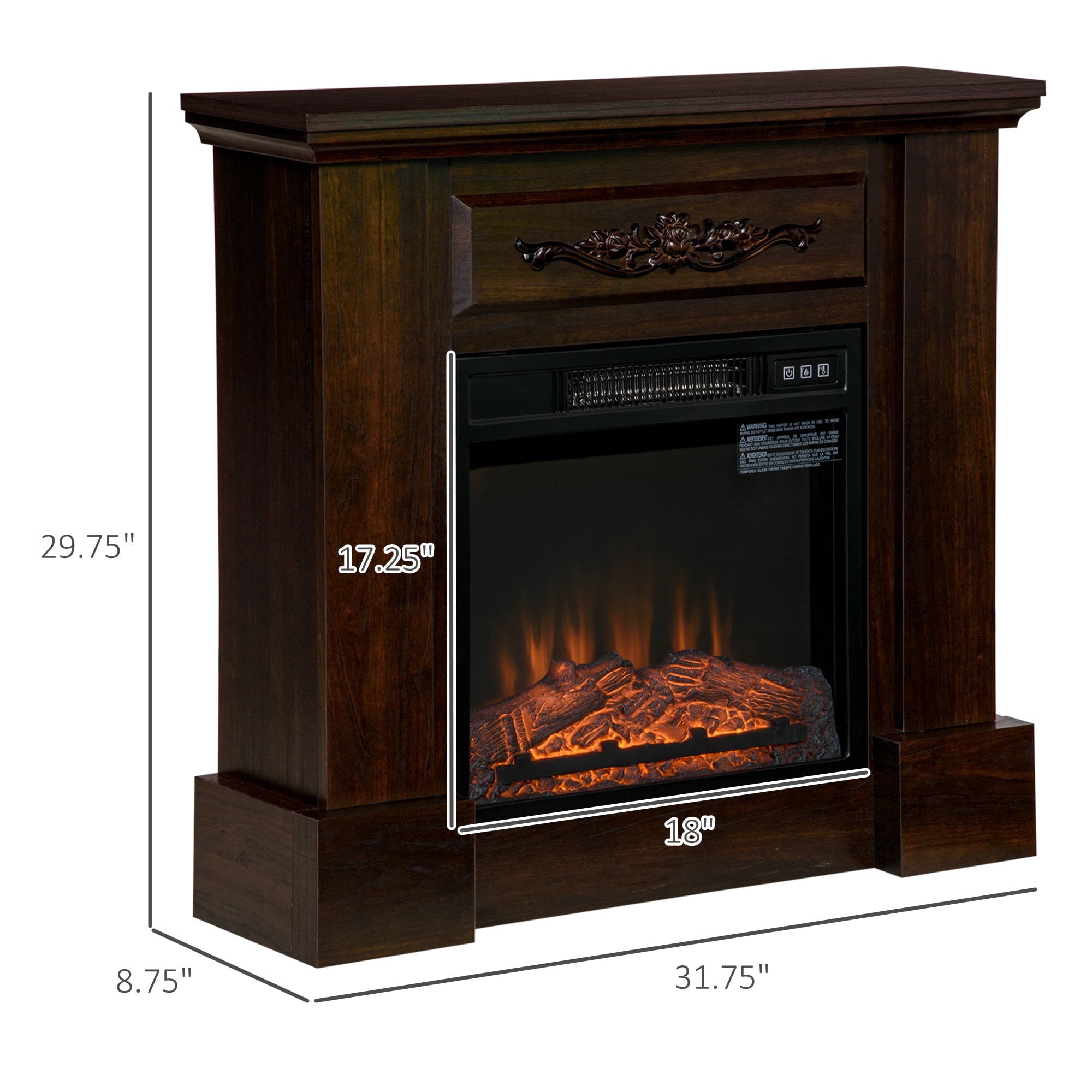 HOMCOM 32" 1400W Electric Fireplace Mantel w/ Realistic LED Log Heater, Brown