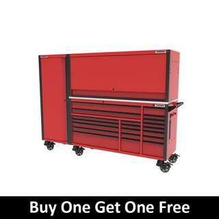 Husky 72 in. W x 24.5 in. D Professional Duty 20-Drawer Mobile Workbench Combo with Side Locker and Top Hutch in Gloss Red HPROSUITE2RED