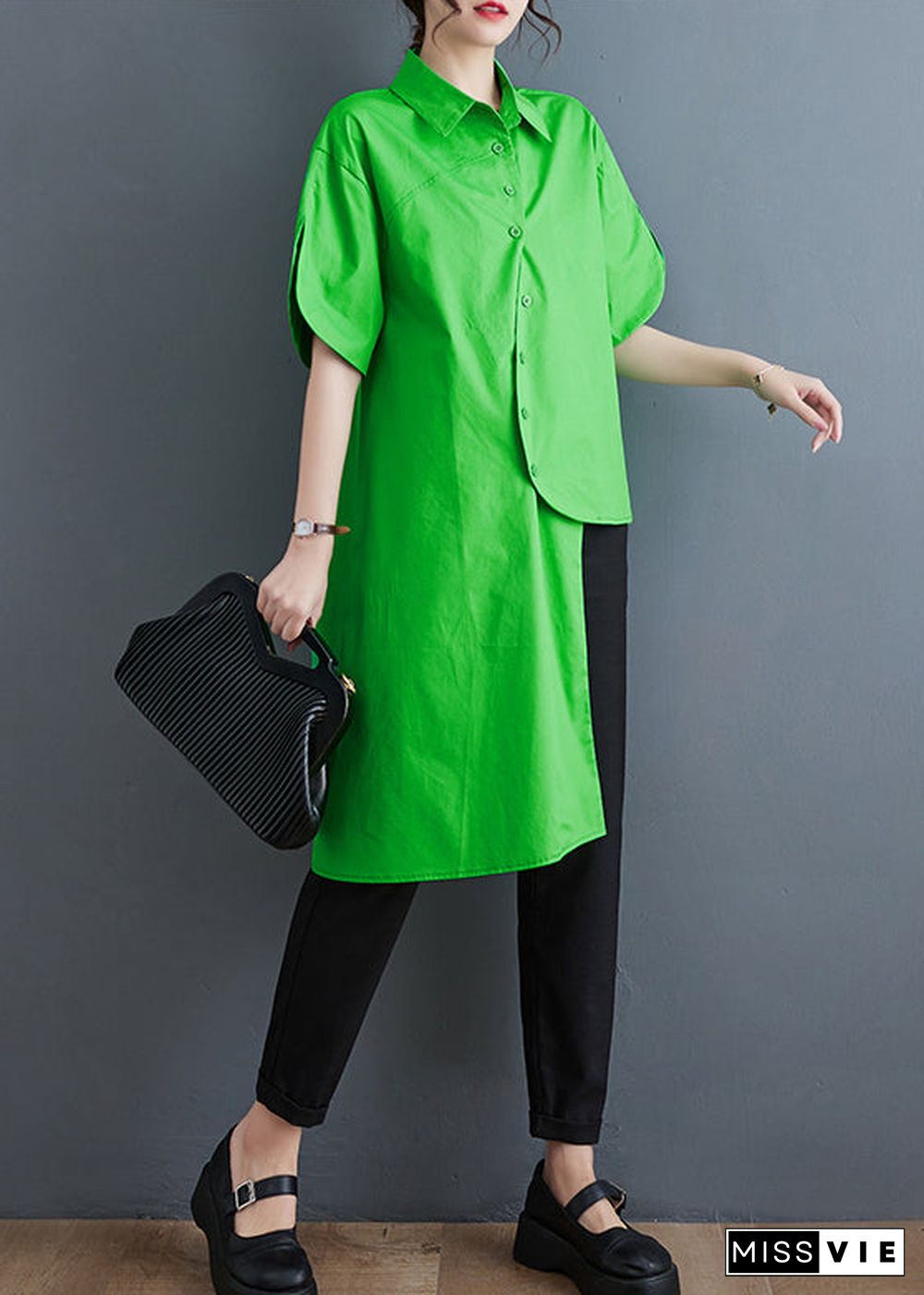 Unique Green Asymmetrical Low High Design Cotton Shirt Tops Summer