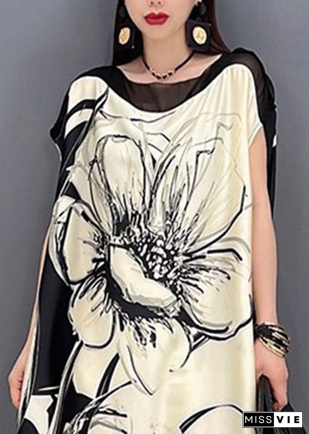 Boutique White O-Neck Print Tie Waist Chiffon Dress Short Sleeve