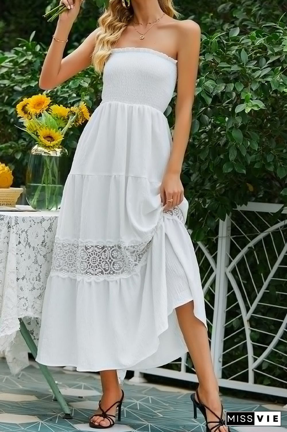 White Smocked Bandeau Lace Hollow Out Maxi Dress