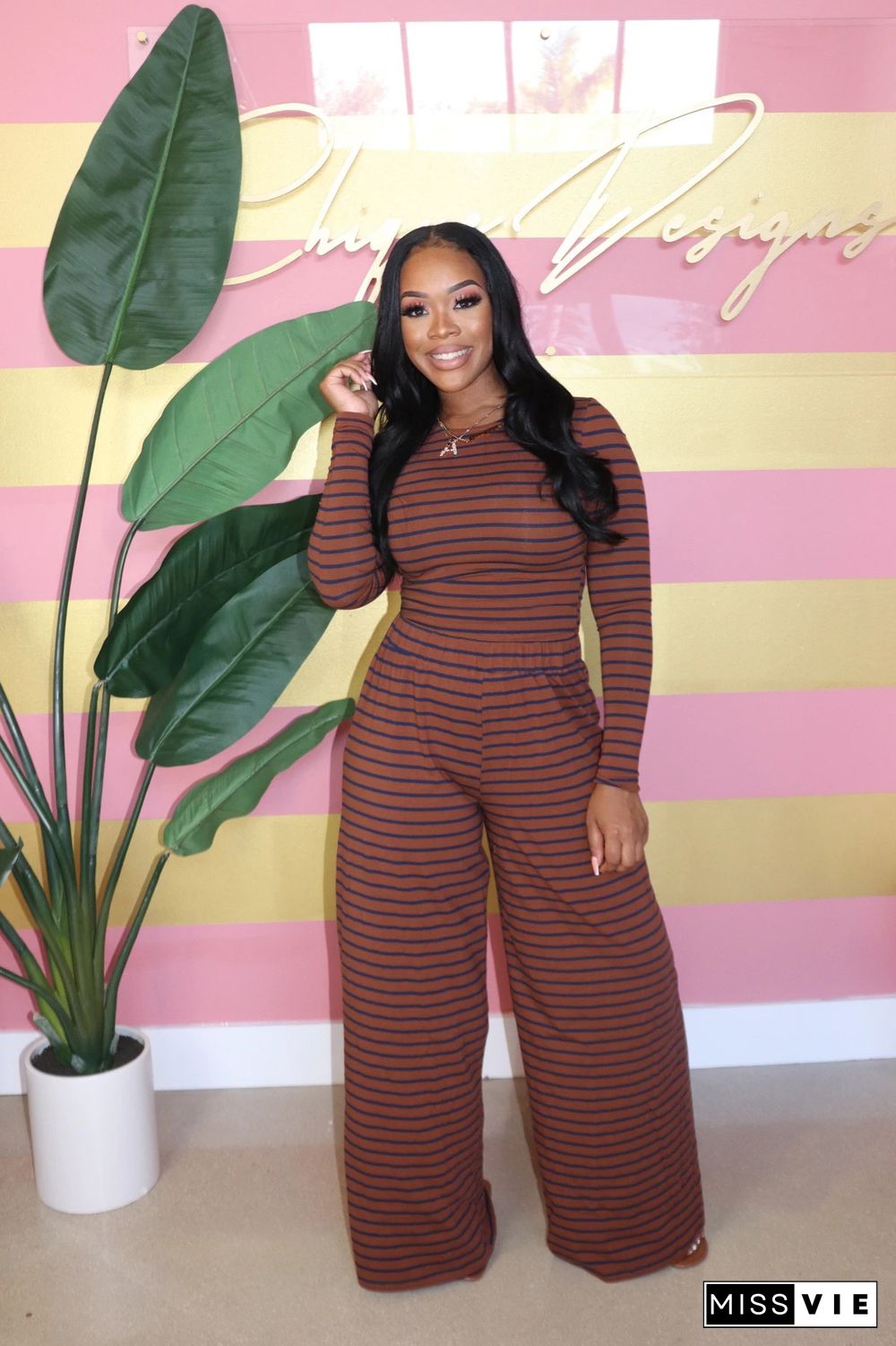 Striped Long Sleeve T Shirts Wide Leg Pants Outfits