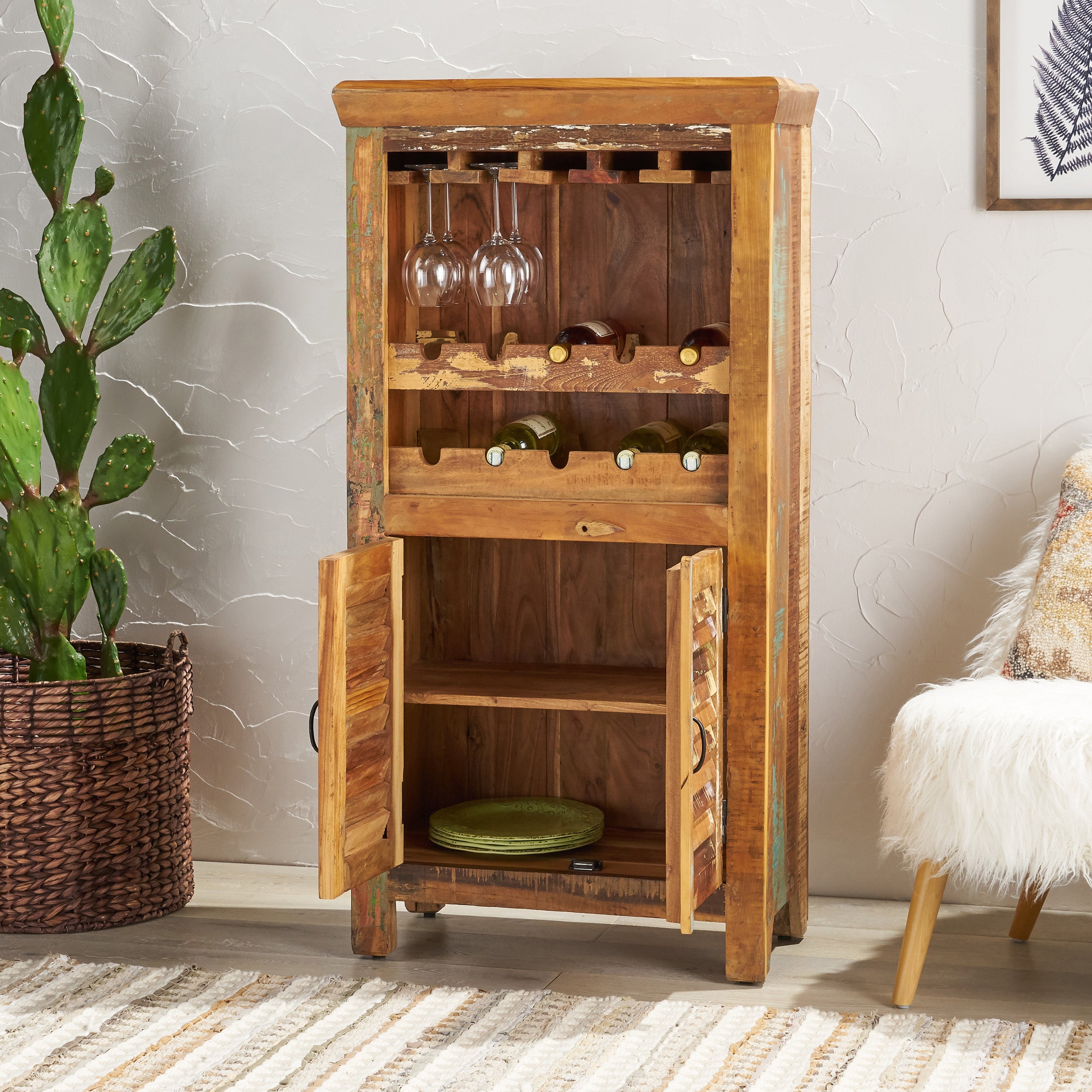 Sandy Shabby Reclaimed Wood Wine Rack Bar Cabinet