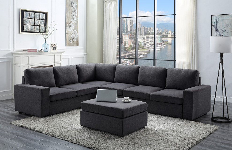 Bayside Modular Sectional Sofa With Ottoman  Dark Gray Linen   Transitional   Sectional Sofas   by Kolibri Decor  Houzz