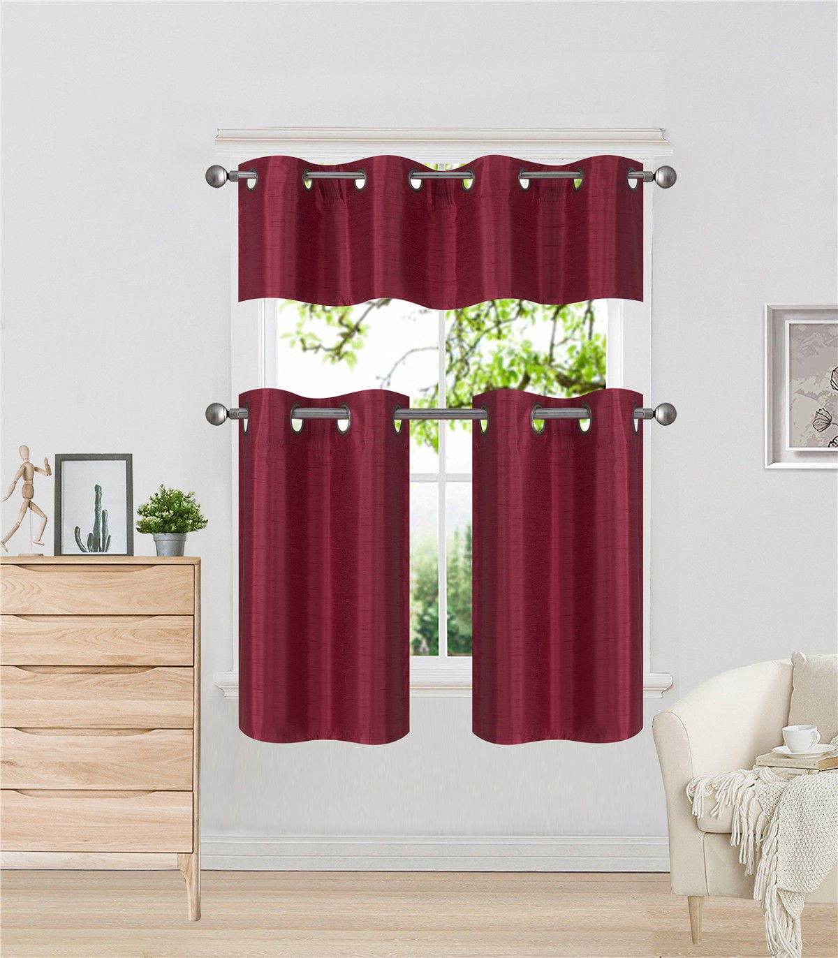 K7 Burgundy 3-Piece Solid Faux Silk Blackout Grommet Kitchen Window Curtain Set， Two (2) Lined Tiers Panel 28W x 24L Each and One (1) Matching Lined Valance 56W x 14L