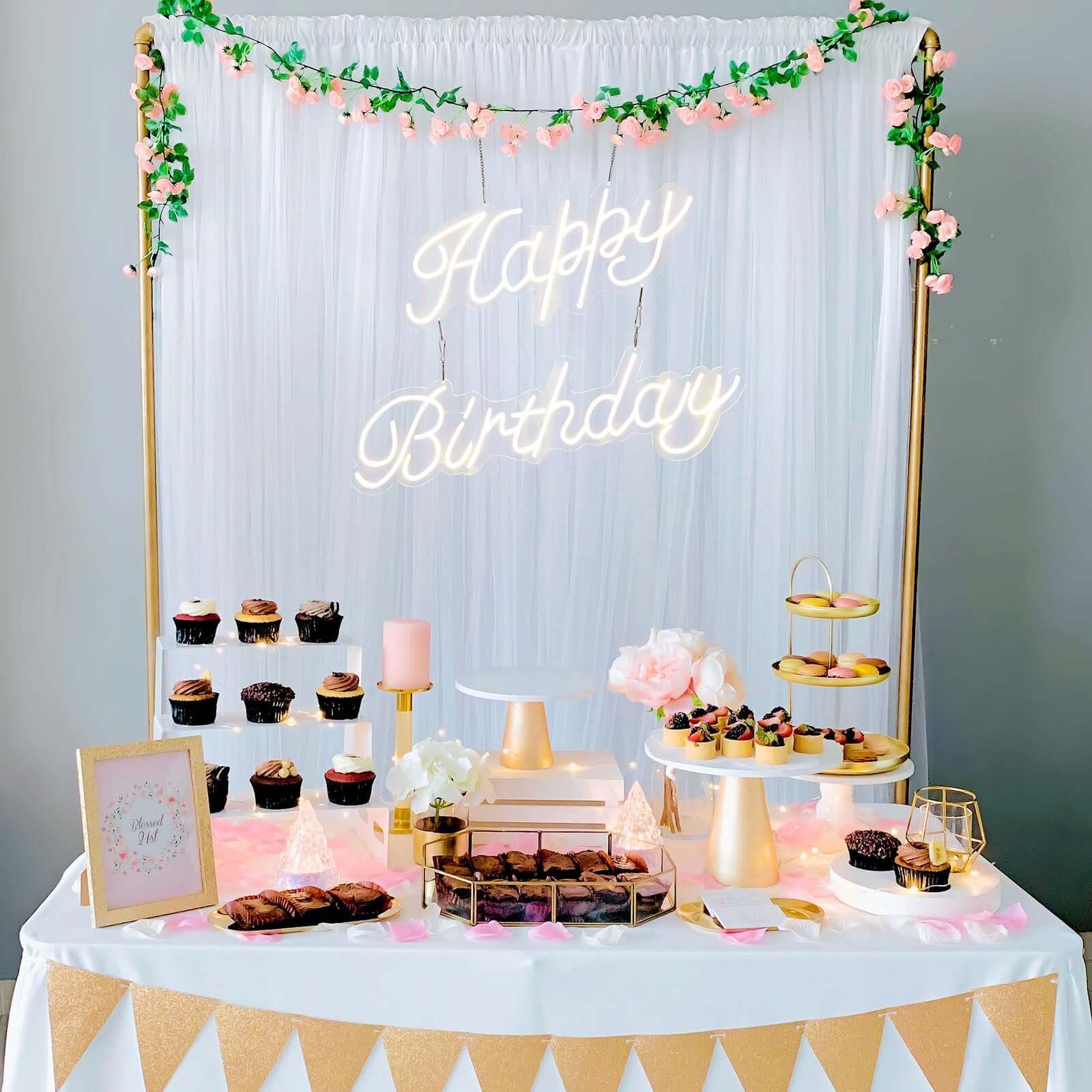 Happy Birthday Neon Light Sign, LED Reusable Wall Décor Lights With 5ft Hanging Chain 32