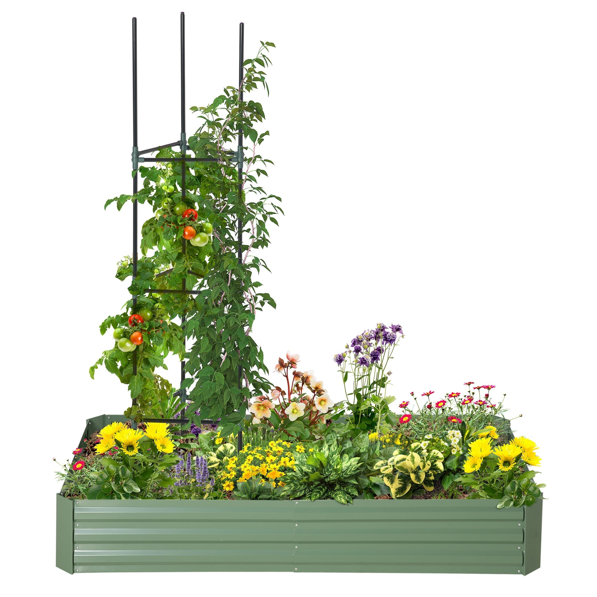 Outsunny Raised Garden Bed, Galvanized Elevated Planter Box with 2 Customizable Trellis Tomato Cages, Reinforced Rods, Elevated & Metal for Climbing Vines, 5.9' x 3' x 1', Green