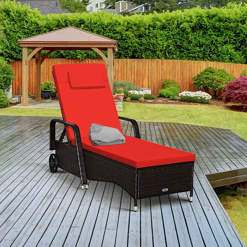 Outdoor Cushioned Wicker Chaise Lounger with Adjustable Backrest