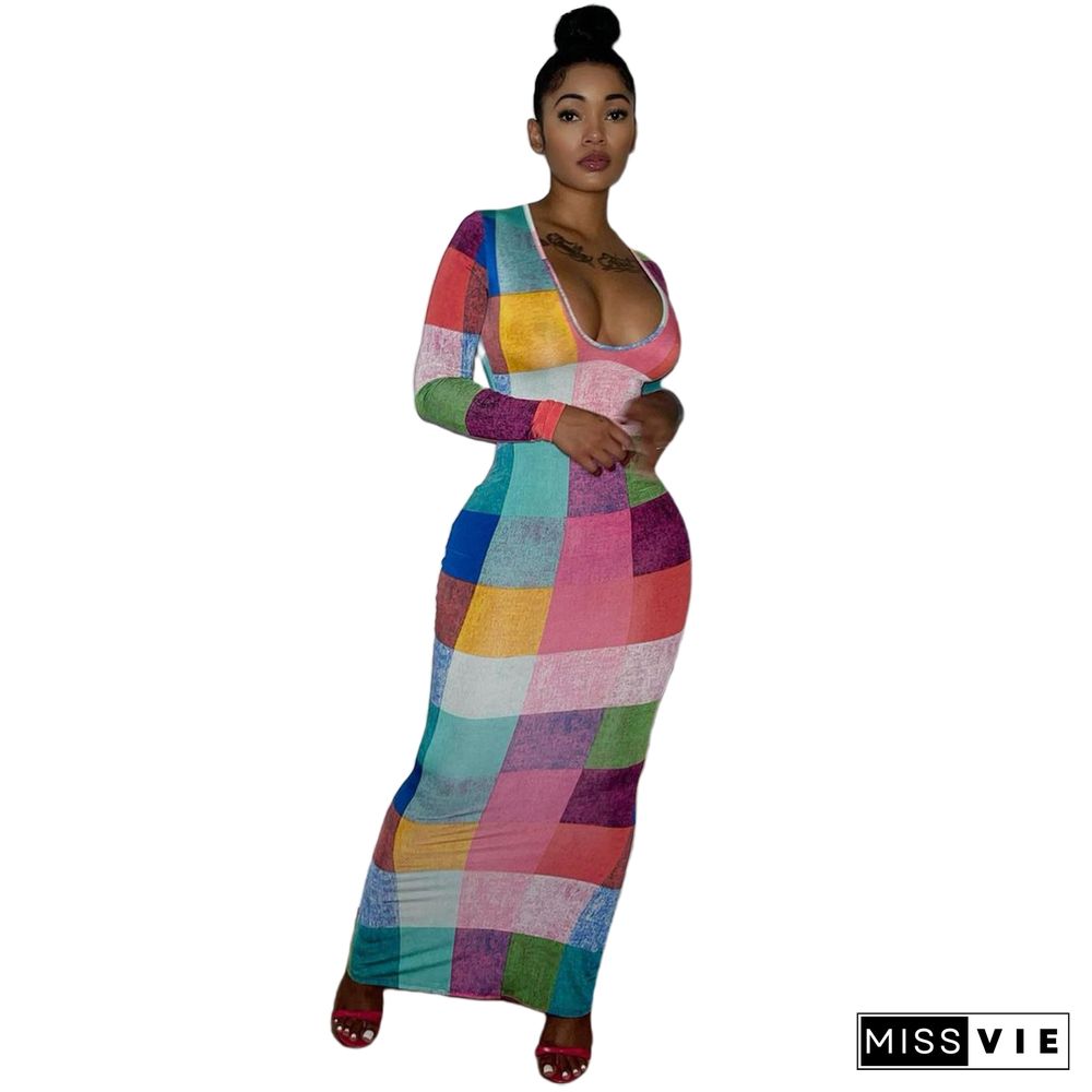 Colorful Plaid Printed Long Sleeve Bodycon Dresses