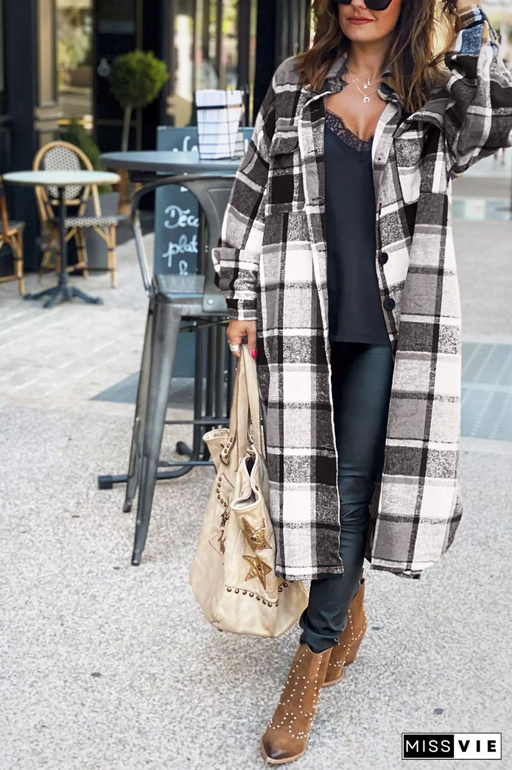 KarliDress Lapel Plaid Print Woolen Long Coat P12611