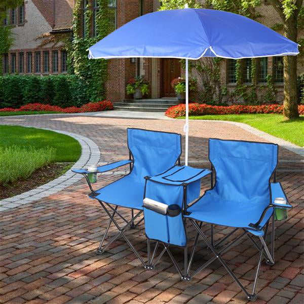 Donepart  Folding Beach Chair andSun Umbrella Summer Chair  2-Seat Chair Blue Outdoor