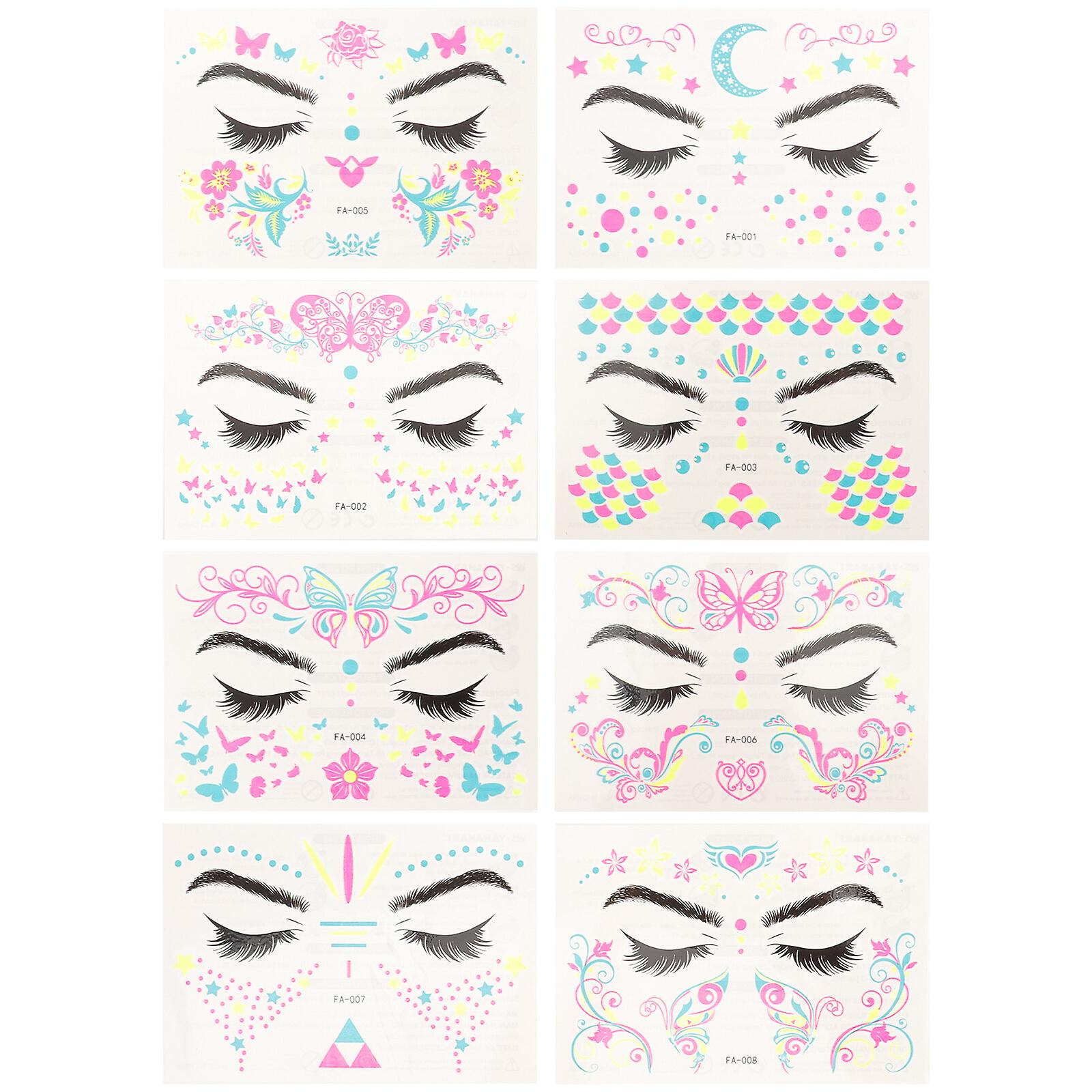 8 Sheets Temporary Tattoos Neon Glow Tattoos Sticker Body Face Skin Tattoos For Women Girls