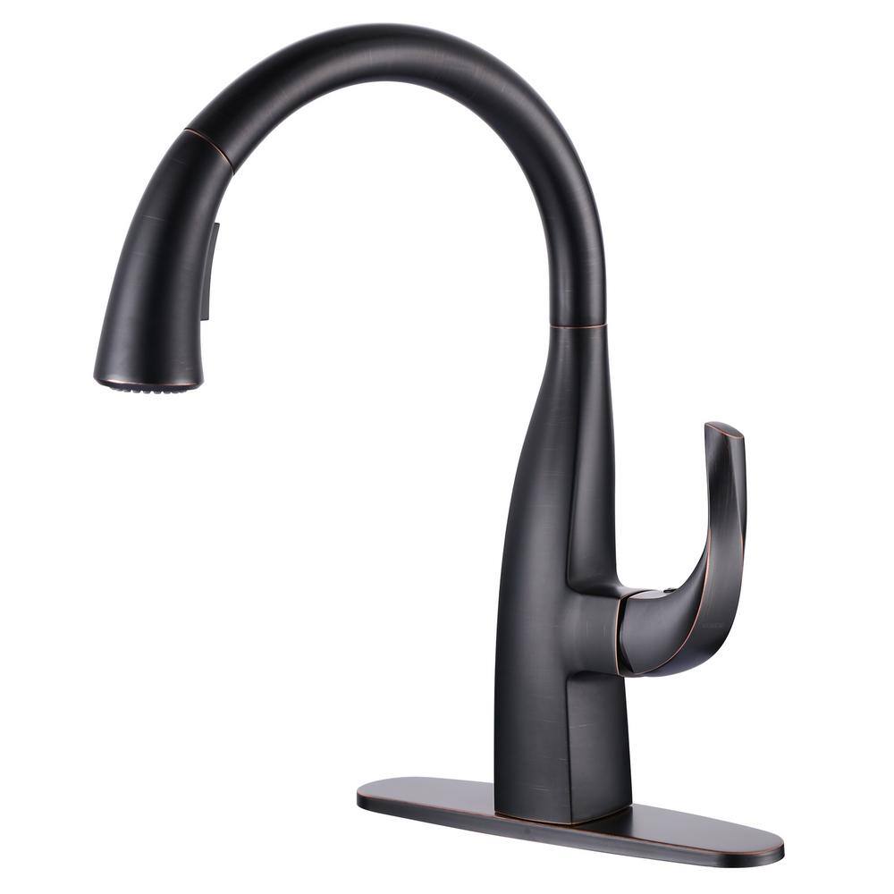 WOWOW Single Handle Gooseneck Pull Down Sprayer Kitchen Faucet with Deck Mount in Oil Rubbed Bronze 2311701RB