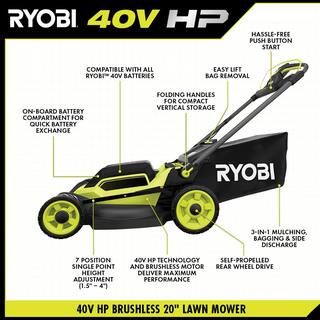 RYOBI 40V HP Brushless 20 in. Cordless Electric Battery Walk Behind Self-Propelled Mower wBlower (2) BatteriesChargers RY401180-2X