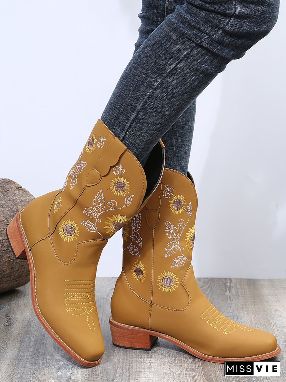 Sunflower Embroidery Boho Cowboy Boots