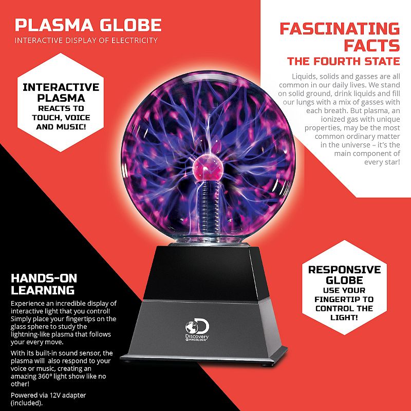 Discovery Kids 6 Plasma Globe Lamp with Interactive Electric Touch and Sound Sensitive Lightning and Tesla Coil， Includes AC Adapter