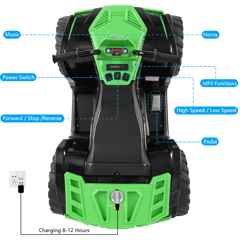 12V Battery-Powered Ride-On for Kids Electric 4-Wheeler Quad ATV Ride On Toy w/ Music Horn LED Lights 2 Speeds for Boys Girls Ages 3-7, Green