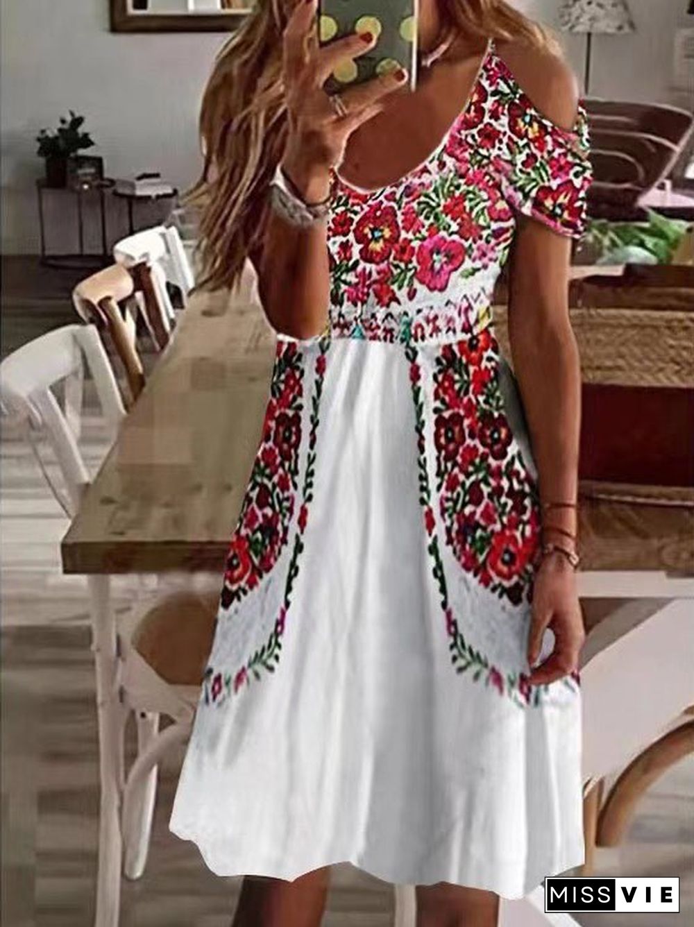 Women'S Dresses Printed V-Neck Off-Shoulder Short Sleeve Dress