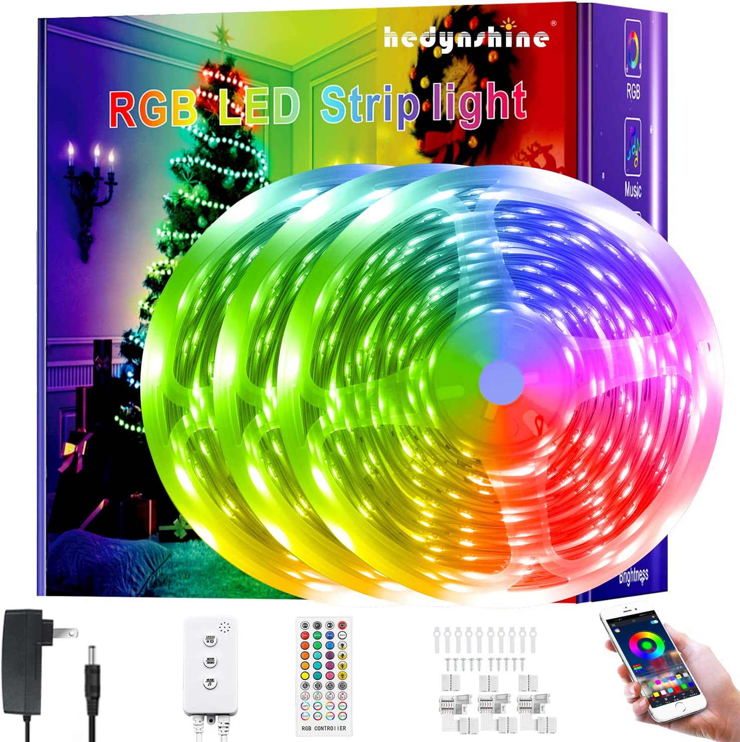 HEDYNSHINE 200ft led Strip Lights， Hedynshine Music Sync Color Changing Strip Lights with 40key Remote Work with APP， Smart led Strip Lights (200ft)