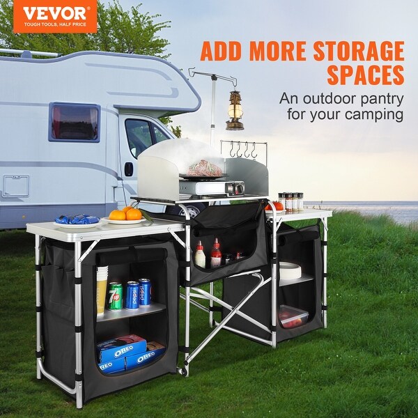 VEVOR Camping Kitchen Table Folding Portable Cook Station Long Aluminum Camping Table with Carrying Bag Side Tables and Shelves