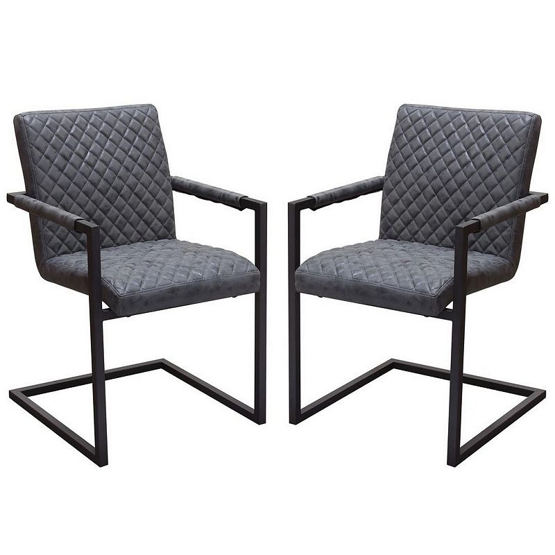 Diamond Tufted Leatherette Dining Chairs with Metal Cantilever Base， Gray and Black， Pack of Two