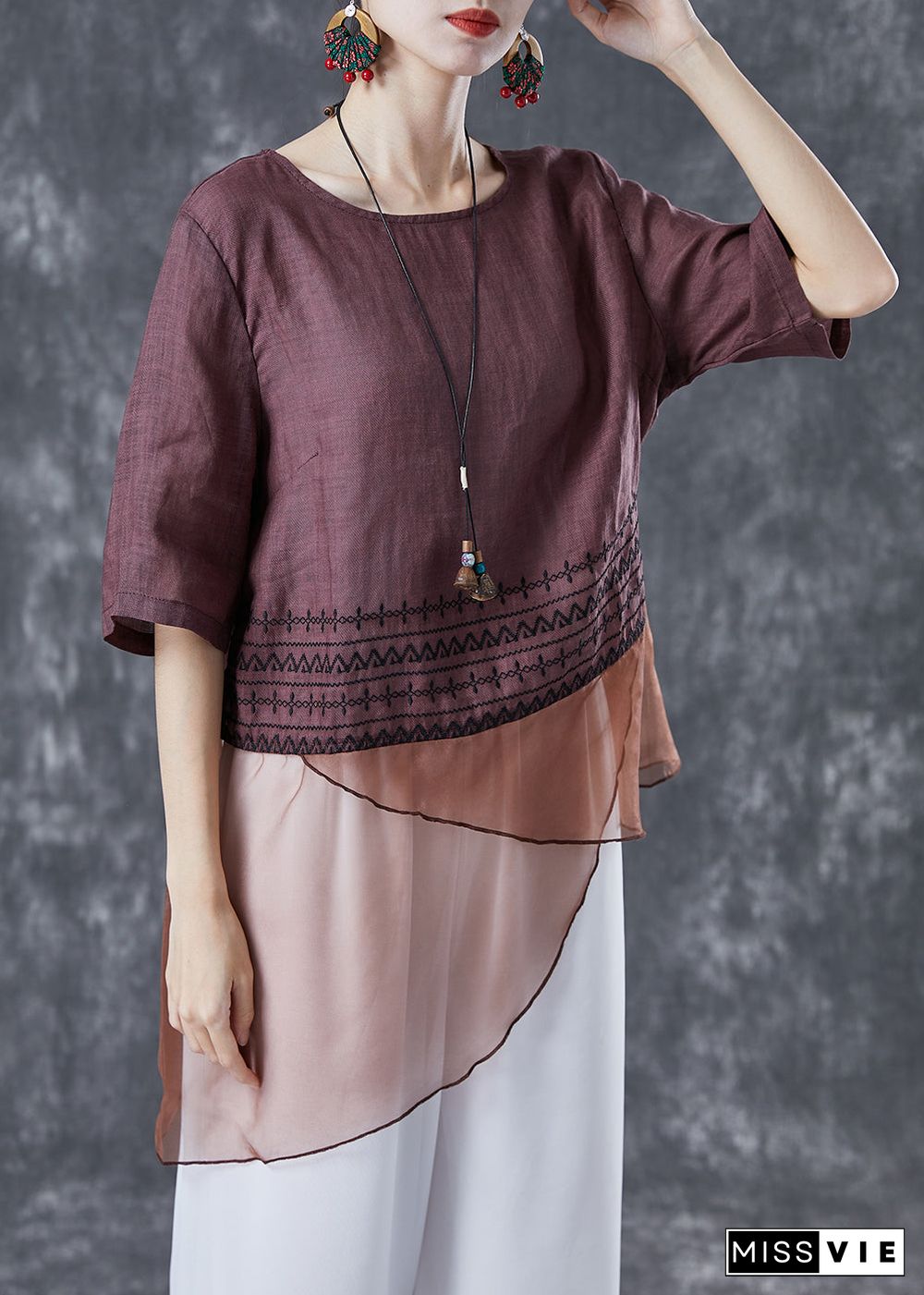 Brown Patchwork Linen Shirts Asymmetrical Embroideried Summer