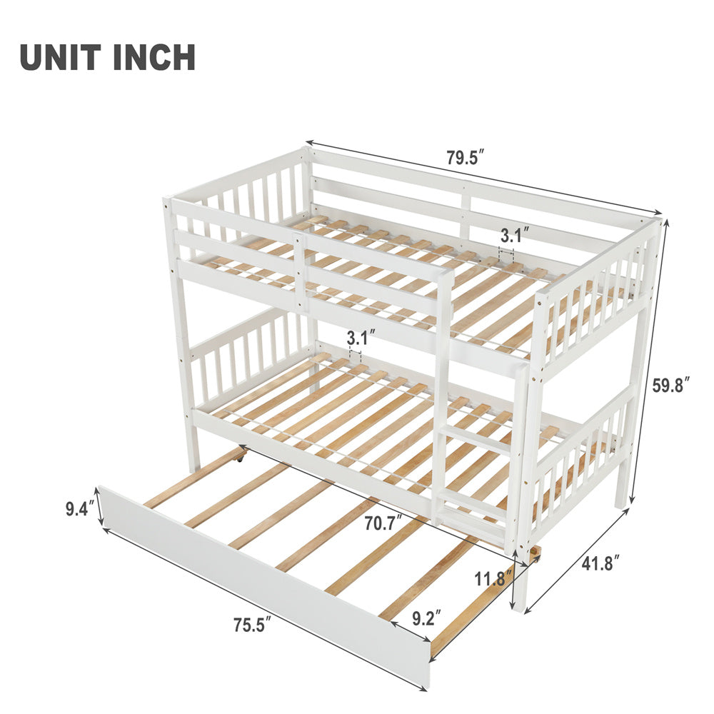 Twin Over Twin Bunk Beds with Trundle, Solid Wood Bed Frame with Safety Rail and Ladder for Kids/Teens Bedroom, Guest Room Furniture, White