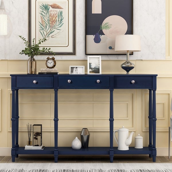 Victorian Solid Wood Console Table w/3 Drawers and Storage Shelf(Navy)