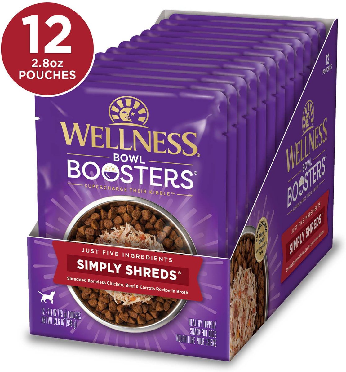 Wellness Bowl Boosters Simply Shreds Chicken， Beef and Carrots Natural Grain Free Wet Dog Food Mixer or Topper， 2.8-oz pouch， case of 12