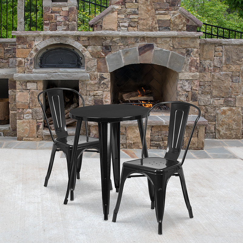 24 quotRound Black Metal Indoor/Outdoor Table Set  2 Cafe Chairs   Industrial   Outdoor Dining Sets   by First of a Kind USA Inc  Houzz